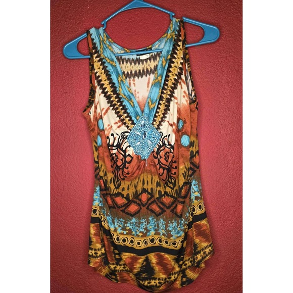 Venus Sleeveless Top Blouse Embellished Jewel V-Neck Boho Print - Picture 1 of 3